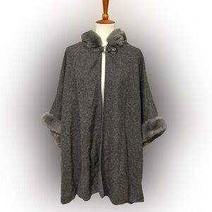 Studio Charcoal Wool Blend Hooded Poncho with short sleeves
